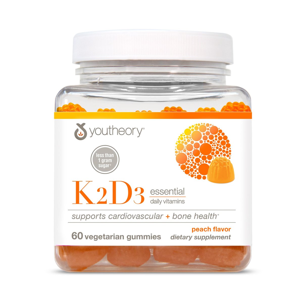 Youtheory K2D3 – Knochen- und Herzgesundheit* – Vitamin D3 & K2 – Laktose-, Soja- & Glutenfrei – Pfirsich, 60 vegane Gummis