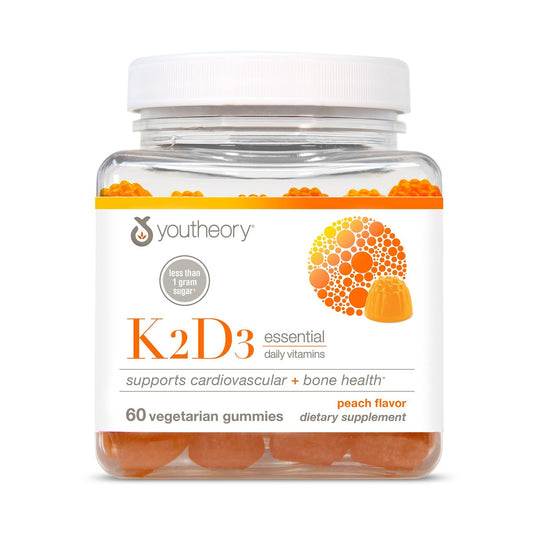 Youtheory K2D3 – Knochen- und Herzgesundheit* – Vitamin D3 & K2 – Laktose-, Soja- & Glutenfrei – Pfirsich, 60 vegane Gummis