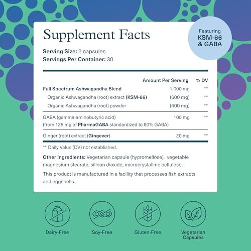 Youtheory Ashwagandha + GABA – Adaptogene Mischung mit Bio KSM-66 & Ingwer – Unterstützt Stressabbau & Stimmung* – Fördert das Energieniveau* – 60 vegane Kapseln (30-Tage-Vorrat)*