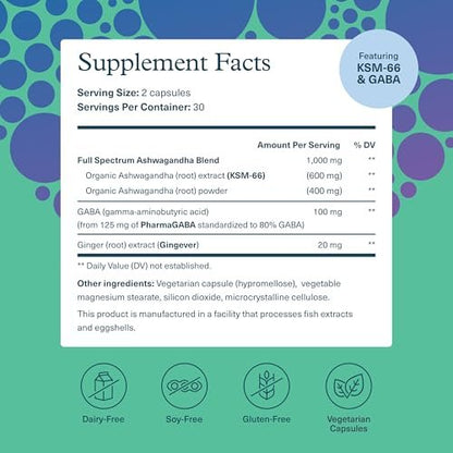 Youtheory Ashwagandha + GABA – Adaptogene Mischung mit Bio KSM-66 & Ingwer – Unterstützt Stressabbau & Stimmung* – Fördert das Energieniveau* – 60 vegane Kapseln (30-Tage-Vorrat)*