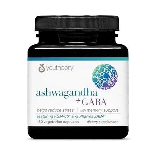 Youtheory Ashwagandha + GABA – Adaptogene Mischung mit Bio KSM-66 & Ingwer – Unterstützt Stressabbau & Stimmung* – Fördert das Energieniveau* – 60 vegane Kapseln (30-Tage-Vorrat)*
