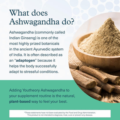 Youtheory Ashwagandha + GABA – Adaptogene Mischung mit Bio KSM-66 & Ingwer – Unterstützt Stressabbau & Stimmung* – Fördert das Energieniveau* – 60 vegane Kapseln (30-Tage-Vorrat)*