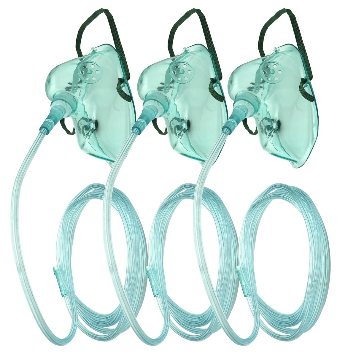 DWCHECK 3er-Pack Sauerstoffmaske für Erwachsene mit 7-Fuß-Schlauch, verstellbarem elastischem Riemen, DEHP-frei und latexfrei - Erwachsene länglich XL, Grün