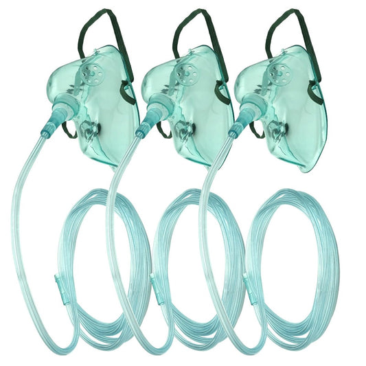 DWCHECK 3er-Pack Sauerstoffmaske für Erwachsene mit 7-Fuß-Schlauch, verstellbarem elastischem Riemen, DEHP-frei und latexfrei - Erwachsene länglich XL, Grün