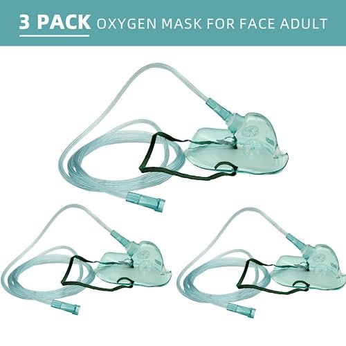 DWCHECK 3er-Pack Sauerstoffmaske für Erwachsene mit 7-Fuß-Schlauch, verstellbarem elastischem Riemen, DEHP-frei und latexfrei - Erwachsene länglich XL, Grün