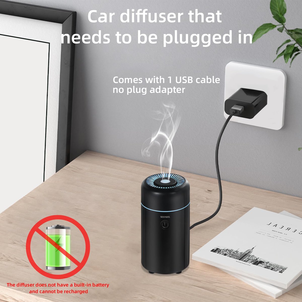 SEEDSEEL Auto-Aromatherapie Diffuser für ätherische Öle – Mini USB Luftbefeuchter mit 7-farbigem LED-Licht für Auto, Zuhause, Büro und Schlafzimmer