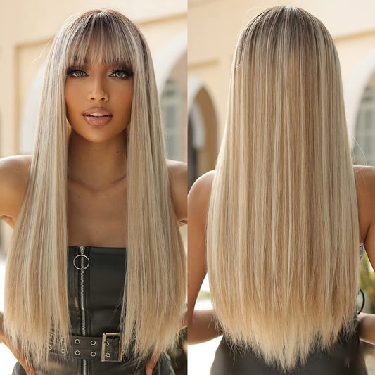 Allbell Lange gerade Blonde Perücke mit Pony Ombre Haare Synthetikperücke für Frauen Hitzebeständige Faser 26 Zoll