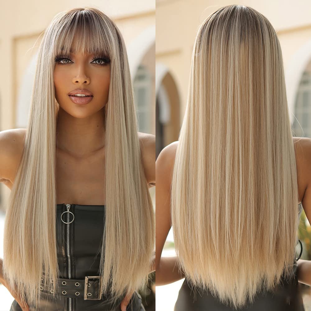 Allbell Lange gerade Blonde Perücke mit Pony Ombre Haare Synthetikperücke für Frauen Hitzebeständige Faser 26 Zoll