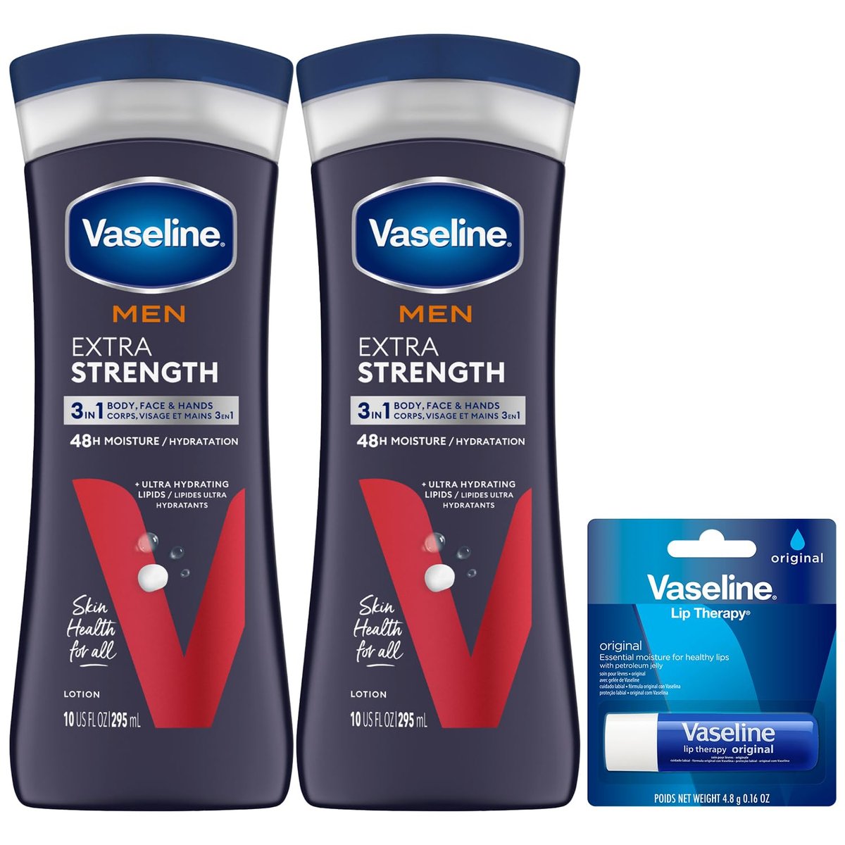 Vaseline Männer Lotion Extra Stärke 3-in-1 für Gesicht, Hände & Körper + Original Lippenpflege für trockene Lippen mit Vaseline (3-teiliges Set)