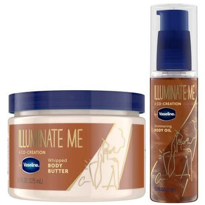 Vaseline Illuminate Me Body Butter & Oil – Schimmernder Körperbronzer, feuchtigkeitsspendende Bio-Sheabutter mit 24-Stunden-Feuchtigkeit für melaninreiche Haut, strahlender Glanzöl (2er-Set)