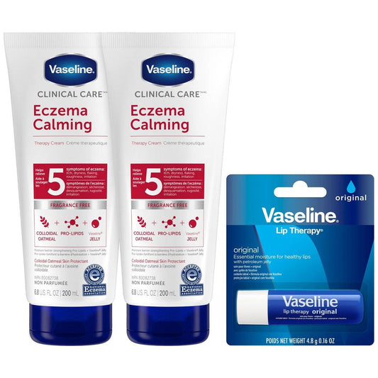 Vaseline Eczema Lotion Calming Therapy Cream 2er-Pack mit Kolloidalem Hafermehl + Original Vaseline Lip Therapy für trockene Lippen mit Vaseline (3-teiliges Set)