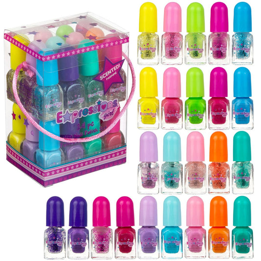 24-teiliges Duft-Nagellack-Set – Glänzende & Glitzernde Farben, Ungiftig, Wasserbasiert, Maniküre & Pediküre Set für Mädchen, Geschenkset