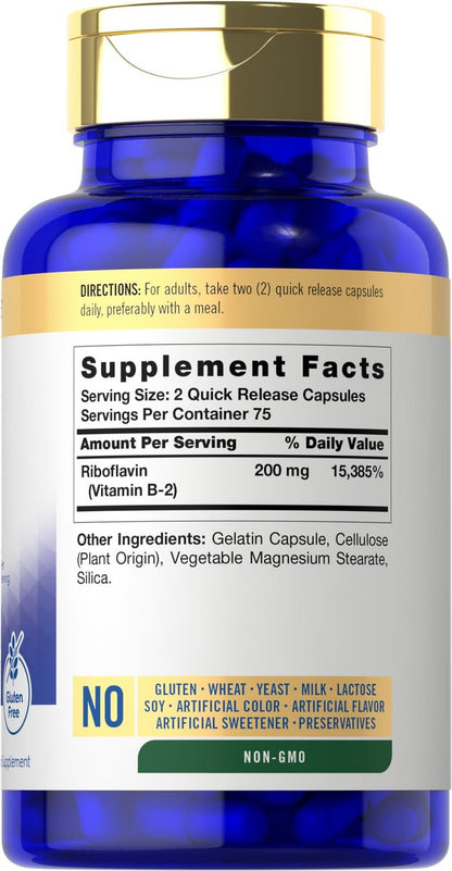 Carlyle Vitamin B2 200 mg | 150 Kapseln | Riboflavin | Nicht-GVO & Glutenfrei | Essentielles Nahrungsergänzungsmittel