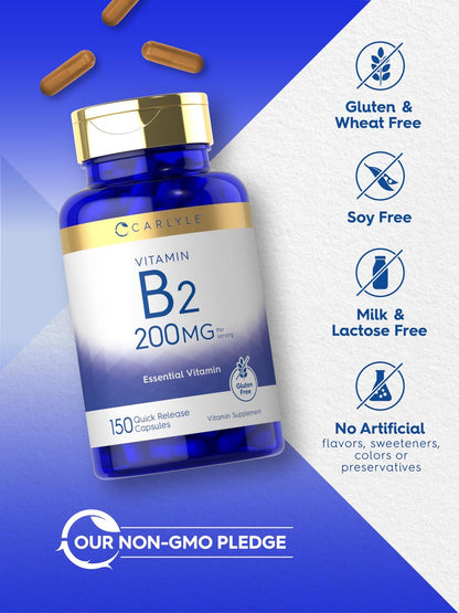Carlyle Vitamin B2 200 mg | 150 Kapseln | Riboflavin | Nicht-GVO & Glutenfrei | Essentielles Nahrungsergänzungsmittel