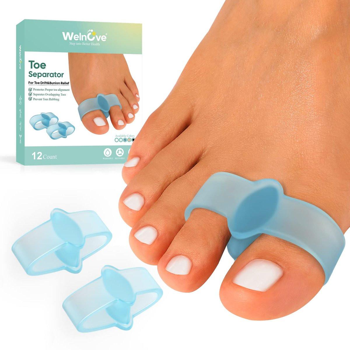 Welnove 12er-Pack Zehenspreizer mit 2 Schlaufen – Korrekturhilfe für Hallux Valgus und überlappende Zehen (Blau)