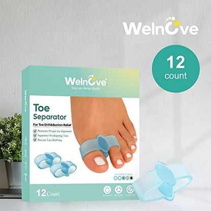 Welnove 12er-Pack Zehenspreizer mit 2 Schlaufen – Korrekturhilfe für Hallux Valgus und überlappende Zehen (Blau)