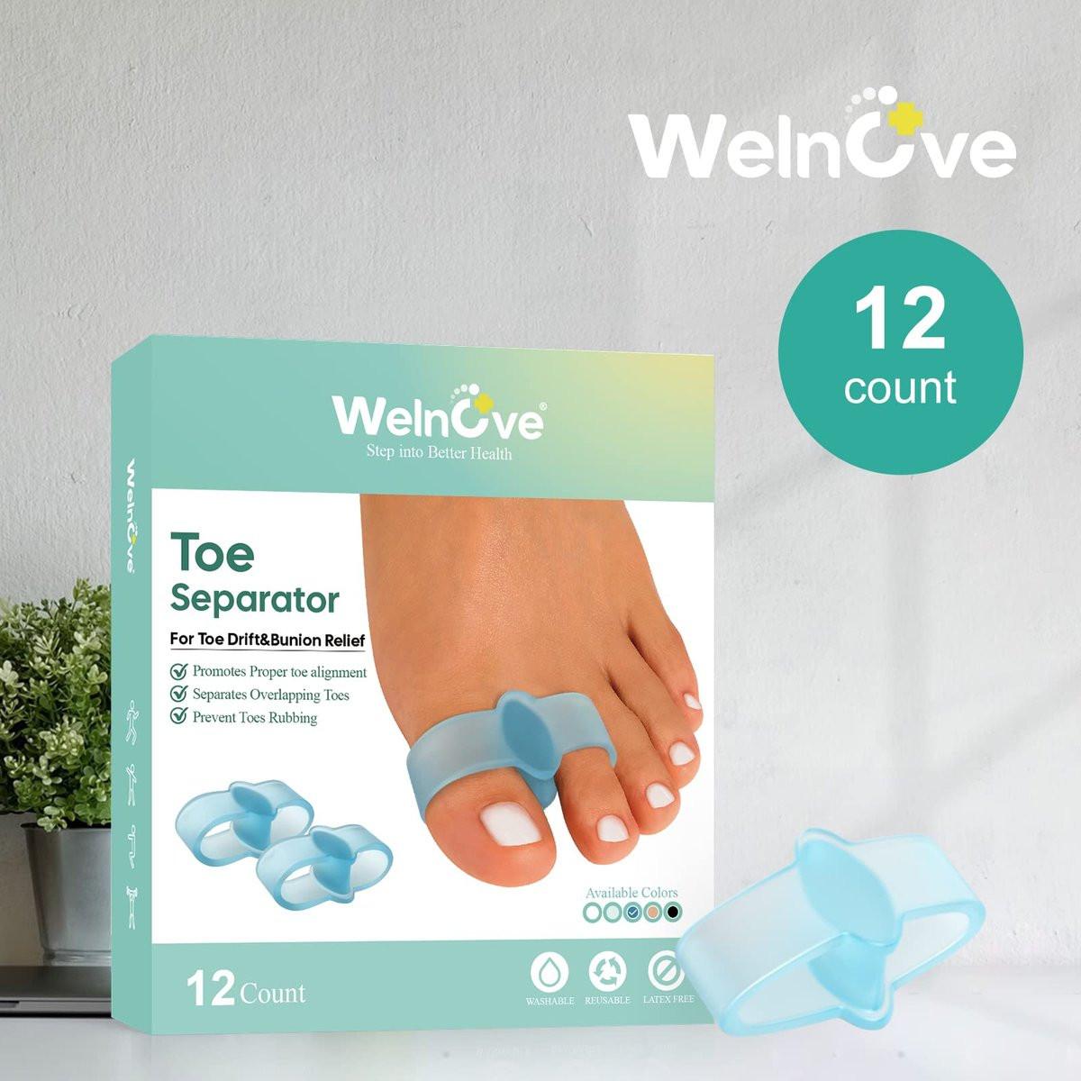 Welnove 12er-Pack Zehenspreizer mit 2 Schlaufen – Korrekturhilfe für Hallux Valgus und überlappende Zehen (Blau)