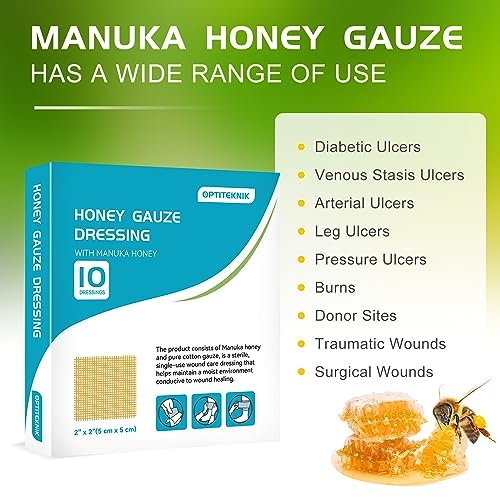 OPTITEKNIK Manuka Honig Wundauflage 5x5 cm, 10er Pack – Manuka Honig Wundversorgung für Schnitte, Verbrennungen und Schürfwunden
