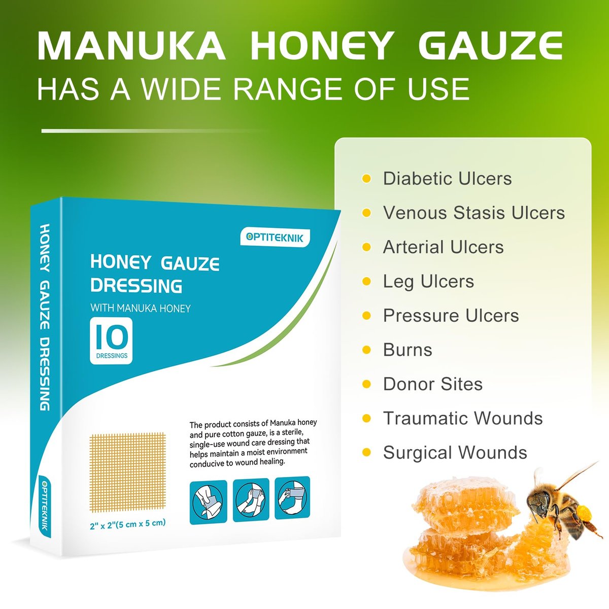 OPTITEKNIK Manuka Honig Wundauflage 5x5 cm, 10er Pack – Manuka Honig Wundversorgung für Schnitte, Verbrennungen und Schürfwunden