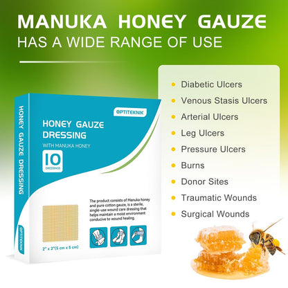 OPTITEKNIK Manuka Honig Wundauflage 5x5 cm, 10er Pack – Manuka Honig Wundversorgung für Schnitte, Verbrennungen und Schürfwunden
