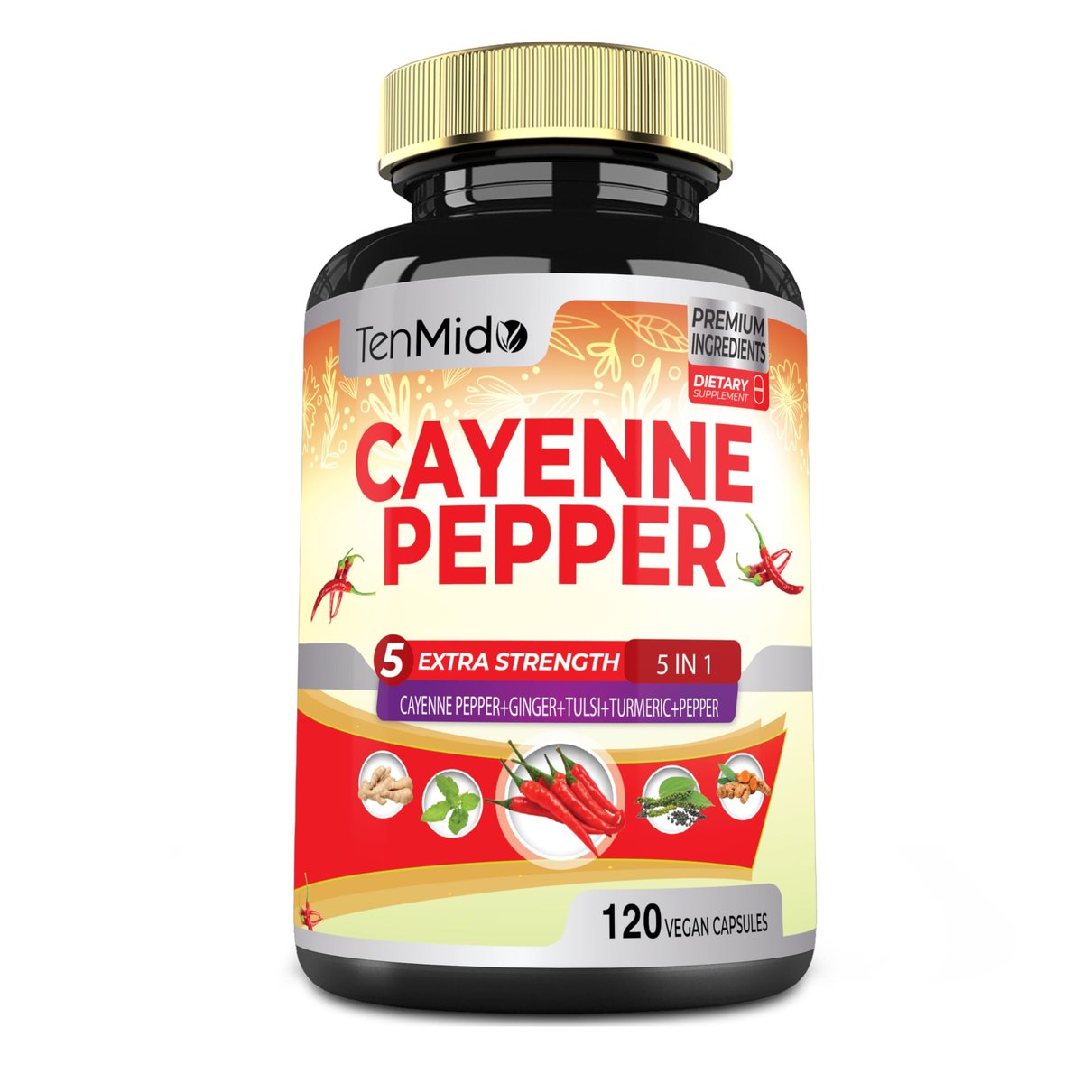 Cayenne Pfeffer Kapseln mit Ingwer, Kurkuma, Tulsi & schwarzem Pfeffer – 4-Monatsvorrat, 120 vegane Kapseln zur Unterstützung des Immunsystems und der Verdauung