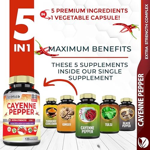 Cayenne Pfeffer Kapseln mit Ingwer, Kurkuma, Tulsi & schwarzem Pfeffer – 4-Monatsvorrat, 120 vegane Kapseln zur Unterstützung des Immunsystems und der Verdauung