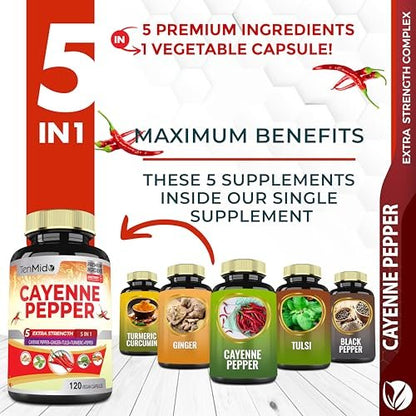 Cayenne Pfeffer Kapseln mit Ingwer, Kurkuma, Tulsi & schwarzem Pfeffer – 4-Monatsvorrat, 120 vegane Kapseln zur Unterstützung des Immunsystems und der Verdauung