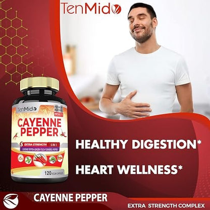 Cayenne Pfeffer Kapseln mit Ingwer, Kurkuma, Tulsi & schwarzem Pfeffer – 4-Monatsvorrat, 120 vegane Kapseln zur Unterstützung des Immunsystems und der Verdauung