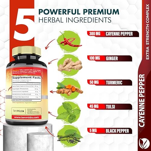 Cayenne Pfeffer Kapseln mit Ingwer, Kurkuma, Tulsi & schwarzem Pfeffer – 4-Monatsvorrat, 120 vegane Kapseln zur Unterstützung des Immunsystems und der Verdauung