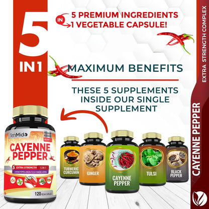 Cayenne Pfeffer Kapseln mit Ingwer, Kurkuma, Tulsi & schwarzem Pfeffer – 4-Monatsvorrat, 120 vegane Kapseln zur Unterstützung des Immunsystems und der Verdauung