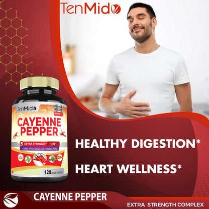 Cayenne Pfeffer Kapseln mit Ingwer, Kurkuma, Tulsi & schwarzem Pfeffer – 4-Monatsvorrat, 120 vegane Kapseln zur Unterstützung des Immunsystems und der Verdauung