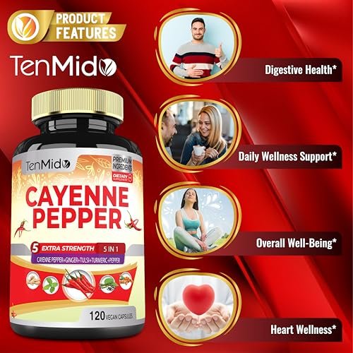 Cayenne Pfeffer Kapseln mit Ingwer, Kurkuma, Tulsi & schwarzem Pfeffer – 4-Monatsvorrat, 120 vegane Kapseln zur Unterstützung des Immunsystems und der Verdauung