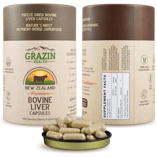 GRAZIN HEALTH – Rinderleber aus Neuseeland, gefriergetrocknet, 3000 mg pro Portion (500 mg pro Kapsel), 180 Kapseln