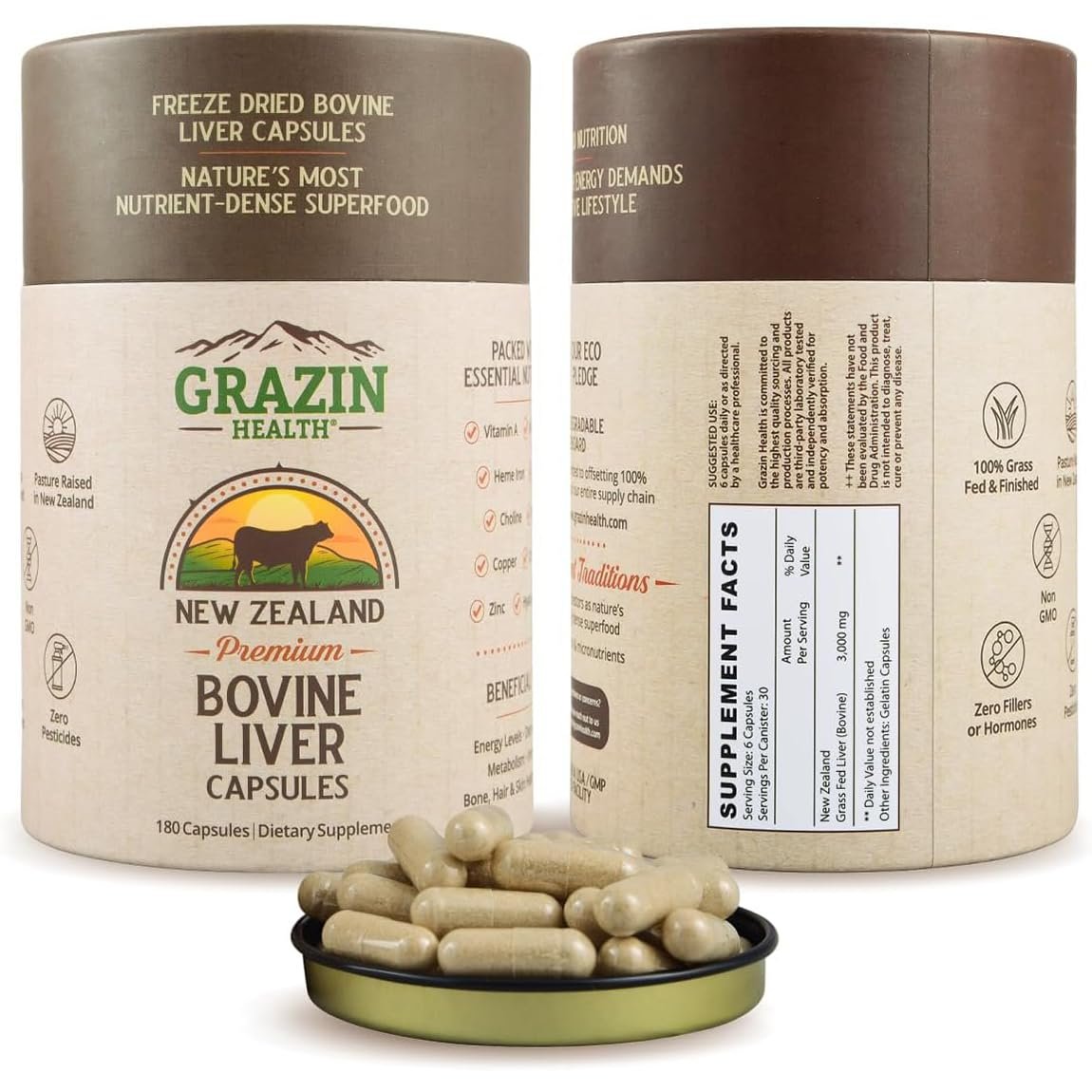 GRAZIN HEALTH – Rinderleber aus Neuseeland, gefriergetrocknet, 3000 mg pro Portion (500 mg pro Kapsel), 180 Kapseln