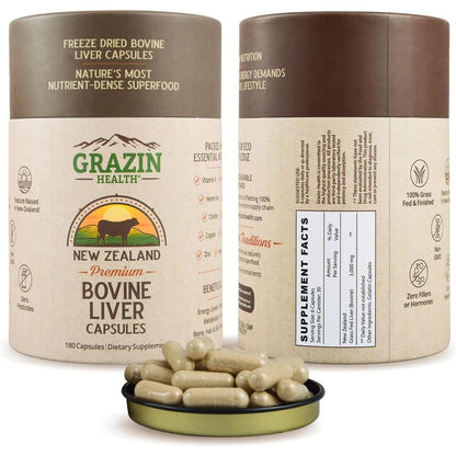 GRAZIN HEALTH – Rinderleber aus Neuseeland, gefriergetrocknet, 3000 mg pro Portion (500 mg pro Kapsel), 180 Kapseln