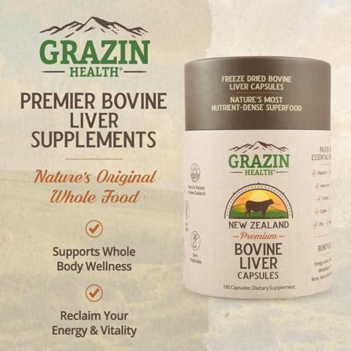 GRAZIN HEALTH – Rinderleber aus Neuseeland, gefriergetrocknet, 3000 mg pro Portion (500 mg pro Kapsel), 180 Kapseln