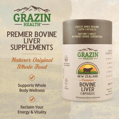 GRAZIN HEALTH – Rinderleber aus Neuseeland, gefriergetrocknet, 3000 mg pro Portion (500 mg pro Kapsel), 180 Kapseln