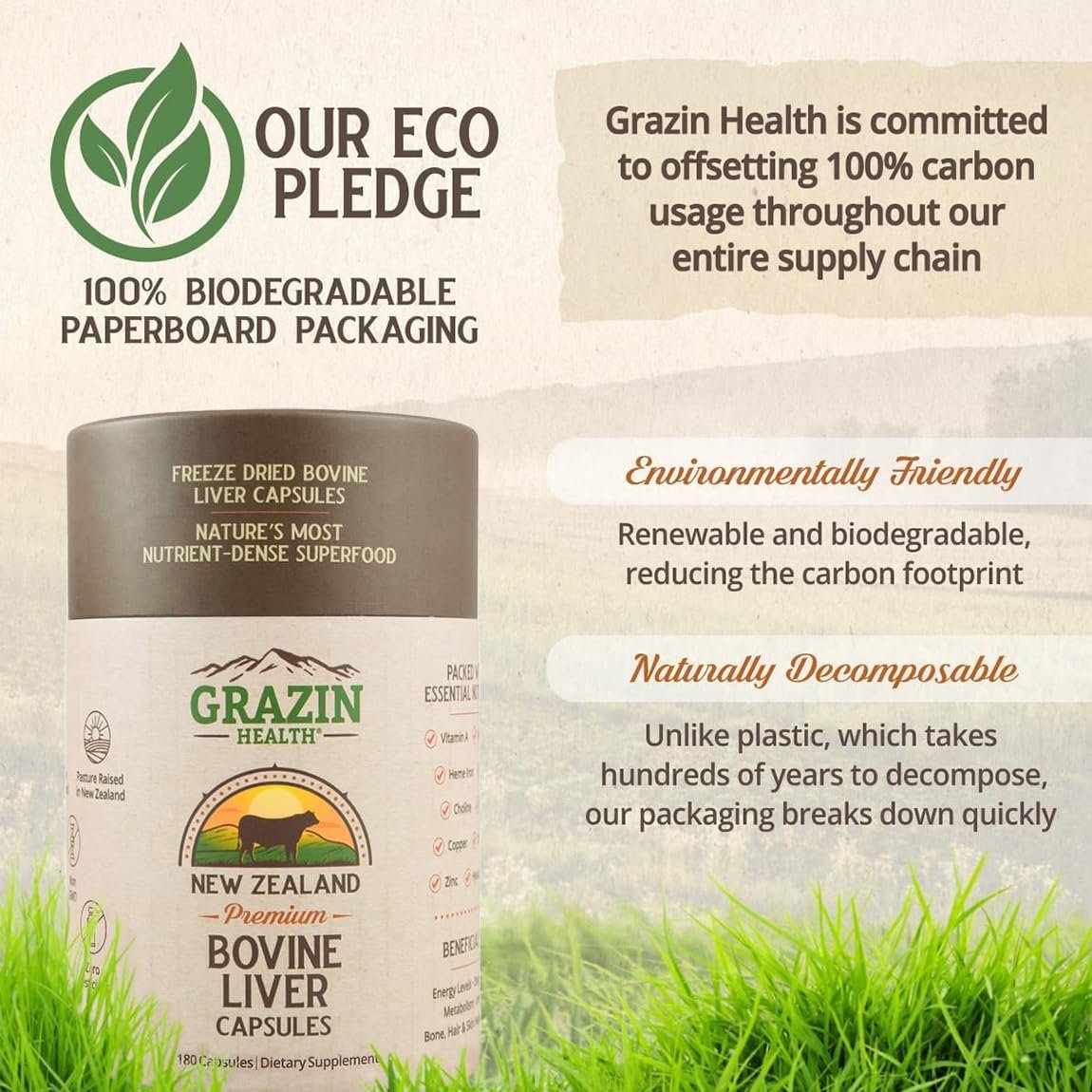 GRAZIN HEALTH – Rinderleber aus Neuseeland, gefriergetrocknet, 3000 mg pro Portion (500 mg pro Kapsel), 180 Kapseln