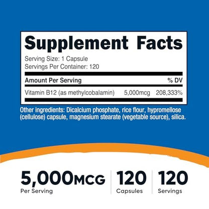 Nutricost Vitamin B12 (Methylcobalamin) 5000mcg, 120 Kapseln - Vegetarische Kapseln, Nicht-GVO, Glutenfrei B12 Supplement
