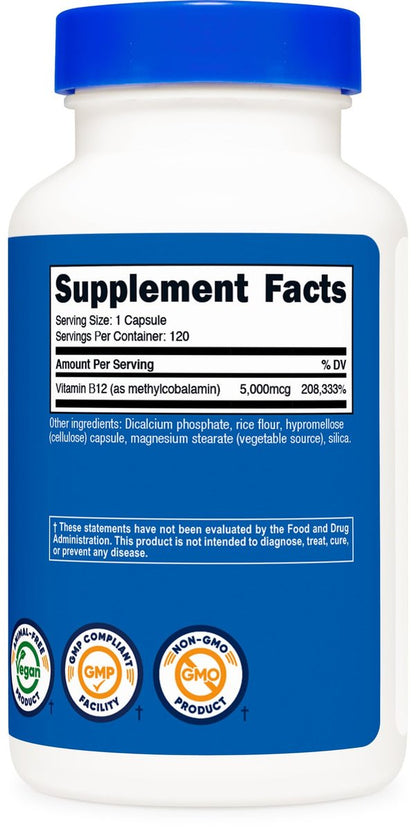 Nutricost Vitamin B12 (Methylcobalamin) 5000mcg, 120 Kapseln - Vegetarische Kapseln, Nicht-GVO, Glutenfrei B12 Supplement
