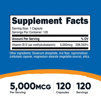 Nutricost Vitamin B12 (Methylcobalamin) 5000mcg, 120 Kapseln - Vegetarische Kapseln, Nicht-GVO, Glutenfrei B12 Supplement