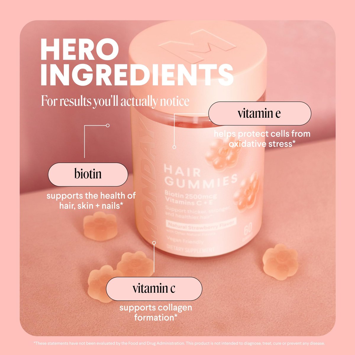 MONDAY HAIRCARE Haar-Gummis mit 2500 mcg Biotin, Vitamin C & Vitamin E für dickeres, stärkeres und gesünderes Haar 60 Stück