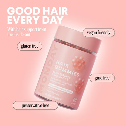 MONDAY HAIRCARE Haar-Gummis mit 2500 mcg Biotin, Vitamin C & Vitamin E für dickeres, stärkeres und gesünderes Haar 60 Stück