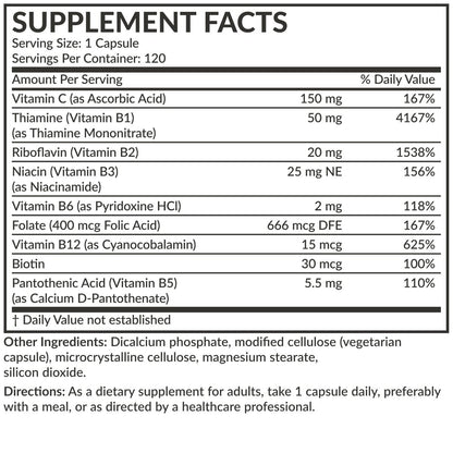 Futurebiotics Vitamin B-Komplex mit Vitamin C – Unterstützt Energieproduktion, Nervensystem & Immunsystem – Non-GMO, 120 vegane Kapseln