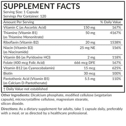 Futurebiotics Vitamin B-Komplex mit Vitamin C – Unterstützt Energieproduktion, Nervensystem & Immunsystem – Non-GMO, 120 vegane Kapseln