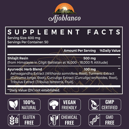 Ajoblanco Shilajit 600mg – Reines Himalaya-Shilajit-Harz mit ayurvedischer Kräutermischung, hochwirksam für Energie, Kraft & Immunität, 30 Gramm