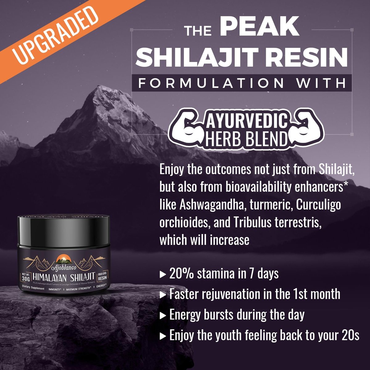 Ajoblanco Shilajit 600mg – Reines Himalaya-Shilajit-Harz mit ayurvedischer Kräutermischung, hochwirksam für Energie, Kraft & Immunität, 30 Gramm