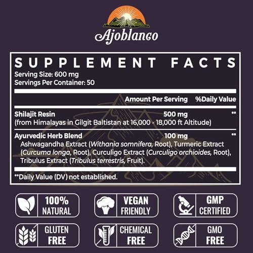 Ajoblanco Shilajit 600mg – Reines Himalaya-Shilajit-Harz mit ayurvedischer Kräutermischung, hochwirksam für Energie, Kraft & Immunität, 30 Gramm