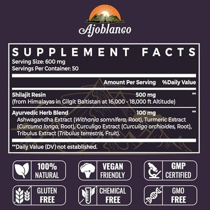 Ajoblanco Shilajit 600mg – Reines Himalaya-Shilajit-Harz mit ayurvedischer Kräutermischung, hochwirksam für Energie, Kraft & Immunität, 30 Gramm
