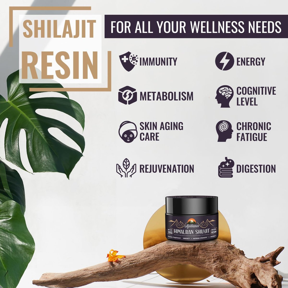 Ajoblanco Shilajit 600mg – Reines Himalaya-Shilajit-Harz mit ayurvedischer Kräutermischung, hochwirksam für Energie, Kraft & Immunität, 30 Gramm